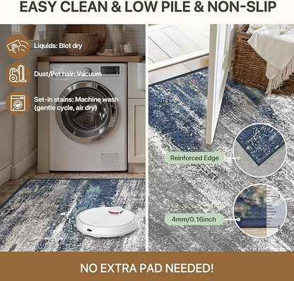 Bavni 10x14 Area Rugs, Modern Living Room Rugs, Large Machine Washable Rug Non-Slip, Soft Pet Friendly Rugs for Bedroom, Playroom, Dining Room, Blue/Ivory