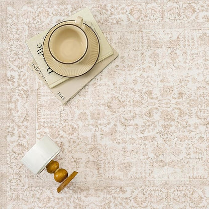 Beige Area Rug 5x8 Machine Washable Vintage Living Room Distressed Non Slip Carpet Traditional Indoor Bedroom Retro Floral Accent Throw Large Rug for Office Kitchen Bathroom Dining Room