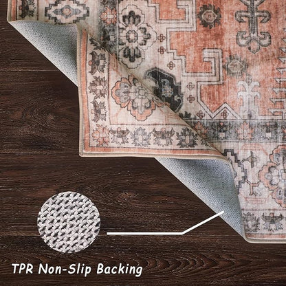 vivorug 6x9 Area Rug, Ultra-Soft Washable Rug for Living Room, Dinner Room, Bedroom, Non-Slip Vintage Distressed Floral Rug, Indoor Carpet Large Area Rug, Orange