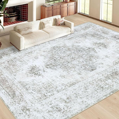 Area Rug 9x12 Living Room Rug, Machine Washable Vintage Distressed Medallion Rug Non-Slip Soft Low Pile Large Indoor Rugs for Bedroom Kitchen Dining Room Office(Taupe,9'x12')