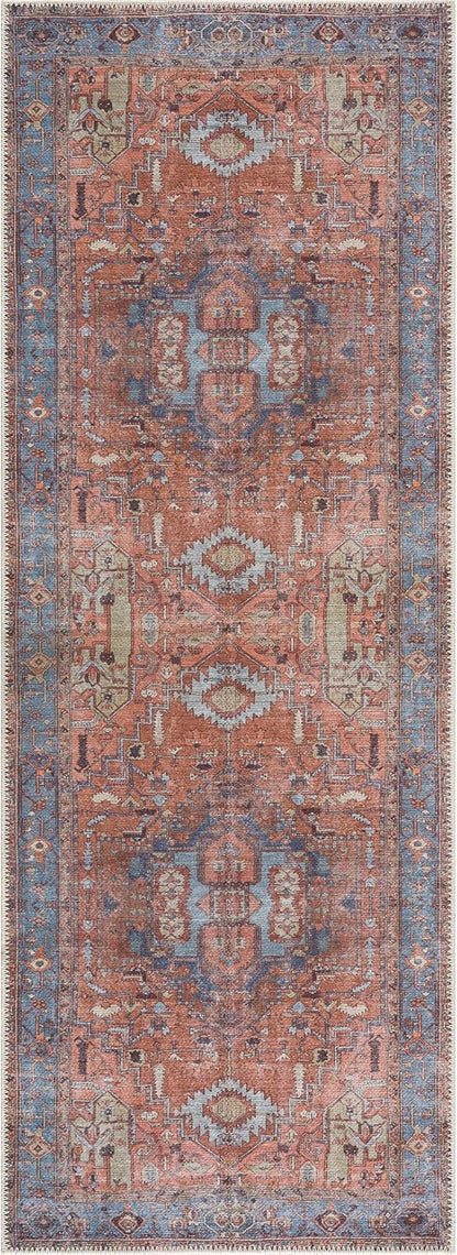 Bloom Rugs Washable 7 ft Runner - Terracotta/Blue Traditional Runner for Entryway, Hallway, Bathroom, and Kitchen - Exact Size: 2.5' x 7'