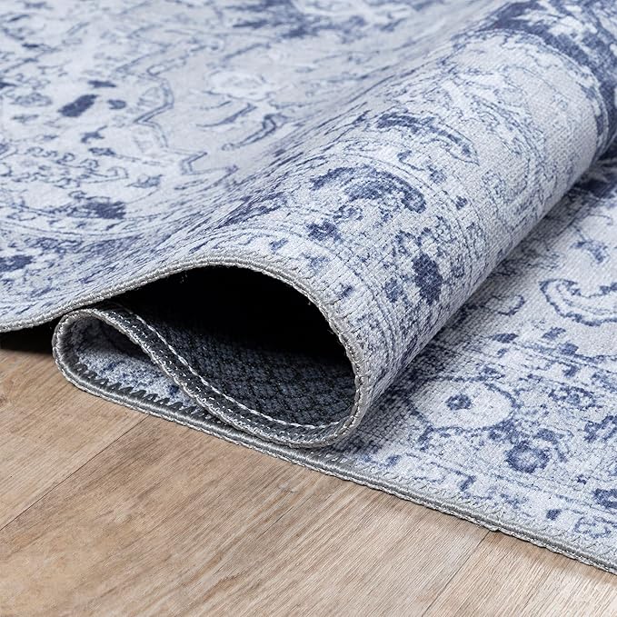 Bloom Rugs Washable Non-Slip 12 ft Runner - Gray/Blue Traditional Medallion Runner for Entryway, Hallway, Bathroom, and Kitchen - Exact Size: 2.5' x 12'