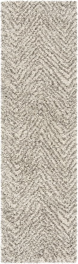 SAFAVIEH Hudson Shag Collection Runner Rug - 2'3" x 10', Ivory & Grey, Chevron Design, Non-Shedding & Easy Care, 2-inch Thick Ideal for High Traffic Areas in Living Room, Bedroom (SGH375A)