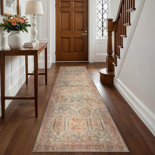 Bavni Runner Rug 2x10 Kitchen Rug for Hallways Entryway, Washable Rug Vintage Print Carpet, Ultra-Thin Chenille Low Pile Lightweight Rug with Non Slip Backing, Clay