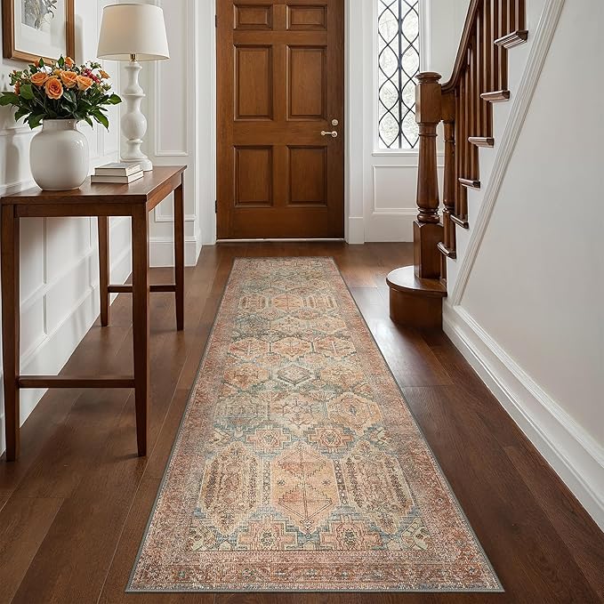 Bavni Kitchen Rug 2x8 Runner Rugs for Hallways Entryway, Washable Vintage Print Carpet, Ultra-Thin Chenille Low Pile Lightweight Rug with Non Slip Backing, Clay