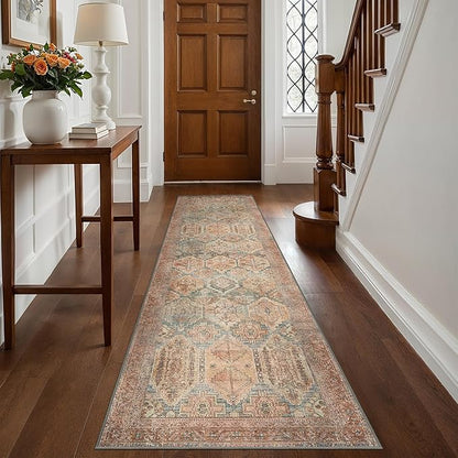 Bavni Kitchen Rug 2x8 Runner Rugs for Hallways Entryway, Washable Vintage Print Carpet, Ultra-Thin Chenille Low Pile Lightweight Rug with Non Slip Backing, Clay