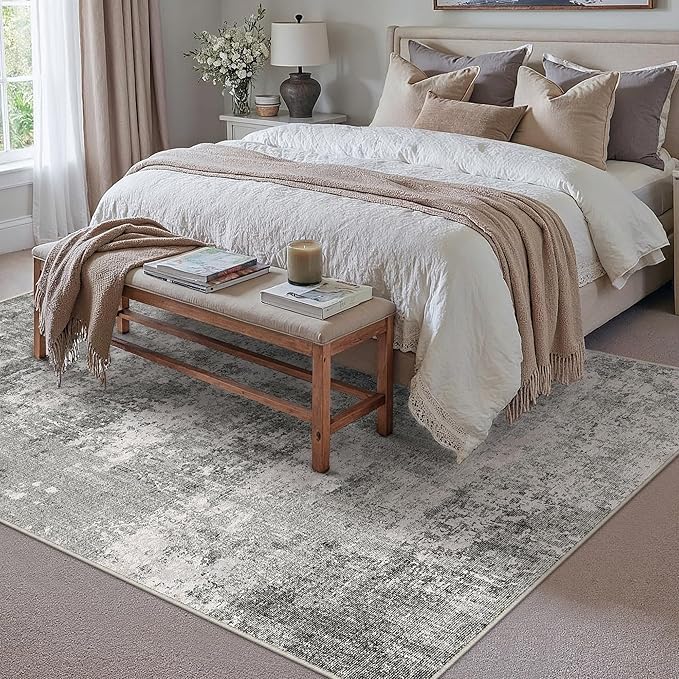 5x7 Grey Area Rug Washable Non Slip Modern Abstract Living Room Carpet Neutral Low Pile Soft Gray Bedroom Contemporary Throw Rug Indoor for Kitchen Office Laundry Dining Room