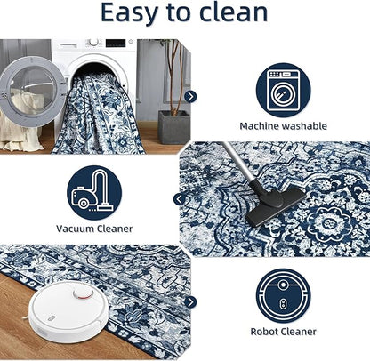 YJ.GWL Area Rugs for Living Room 5x7 Machine Washable Rugs, Non Slip Floral Vintage Rug Indoor Carpet, Stain Resistant Large Rug for Bedroom Dining Room, Navy Blue