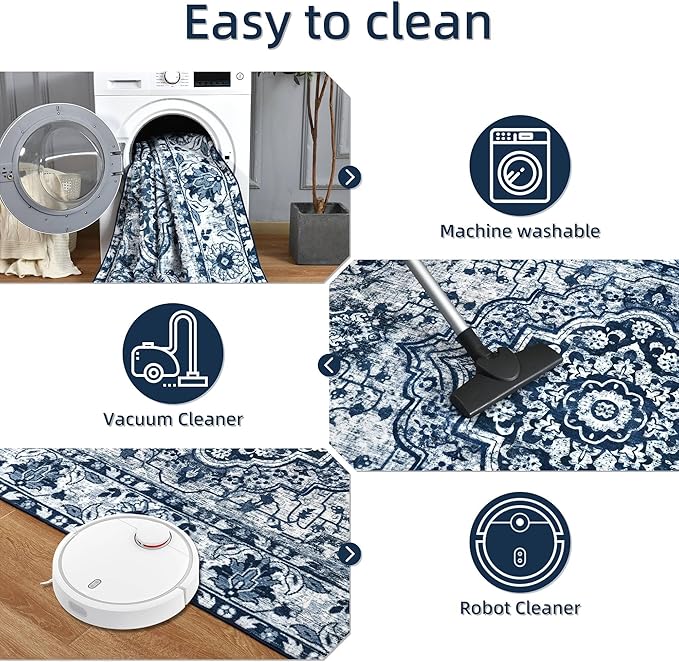 YJ.GWL Area Rugs for Living Room 4x6 Machine Washable Rugs for Bedroom, Non Slip Floral Vintage Rug Indoor Carpet, Stain Resistant Throw Rug for Dining Room Kitchen, Navy Blue