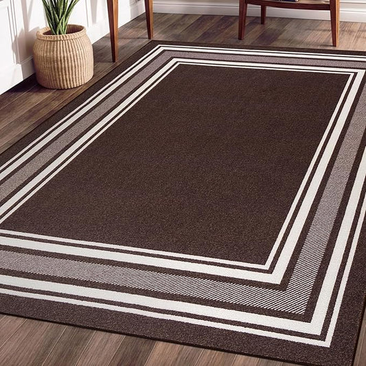Beverly Rug Non Slip Area Rugs 3x3 Modern Bordered Non Skid Rubber Backing Soft Area Rug for Living Dining Room Easy to Clean Non Shedding Kitchen Bedroom Indoor Carpet 3 x 3 Brown