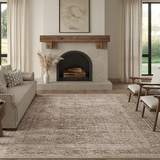FMFUNCTEX 5x7 Washable Area Rug Neutral Vintage Taupe Non Slip Low Pile Traditional Indoor Carpet for Living Room Bedroom Soft Retro Floral Mat Throw Rug for Dining Office Kitchen Dorm Entryway
