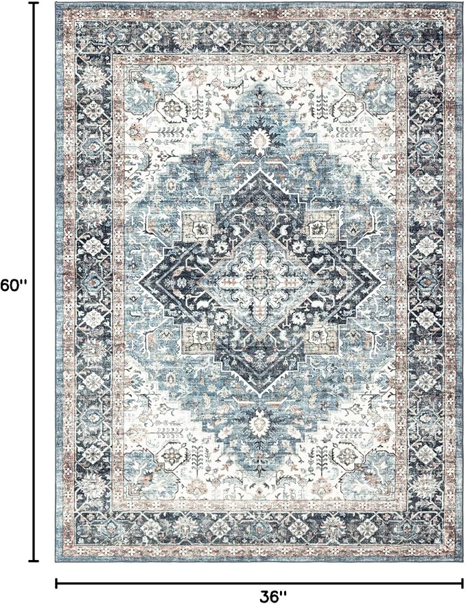 Area Rug 3×5, Vintage Boho Rug,Ultra-Soft Low Pile, Washable, Non Slip,Stain Resistant Printed Carpet for Living Room Bedrooms Playroom Office Kitchen, Blue/Navy
