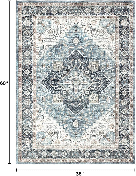 Area Rug 3×5, Vintage Boho Rug,Ultra-Soft Low Pile, Washable, Non Slip,Stain Resistant Printed Carpet for Living Room Bedrooms Playroom Office Kitchen, Blue/Navy