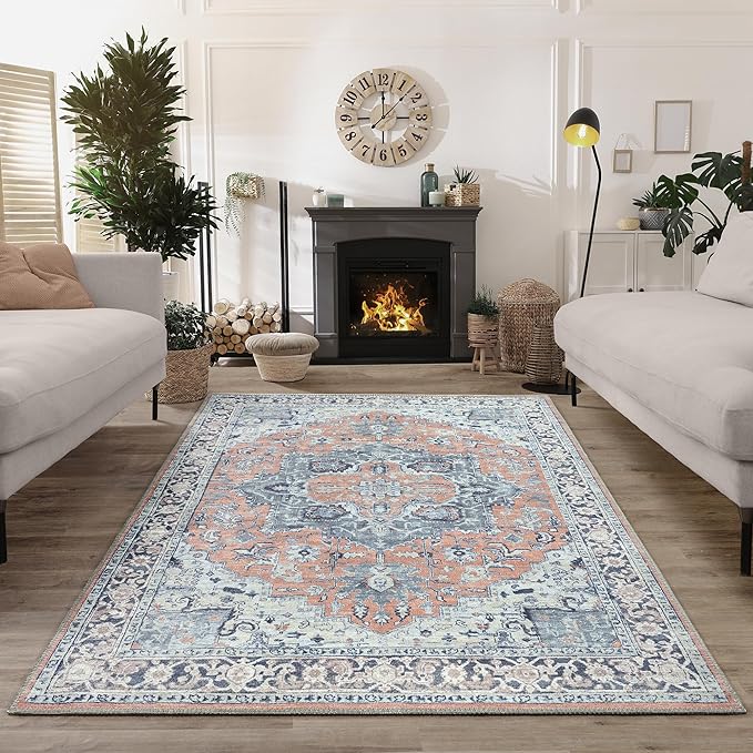 Bloom Rugs Washable Non-Slip 3' x 5' Rug - Coral/Blue Traditional Medallion Area Rug for Living Room, Bedroom, Dining Room, and Kitchen - Exact Size: 3' x 5'