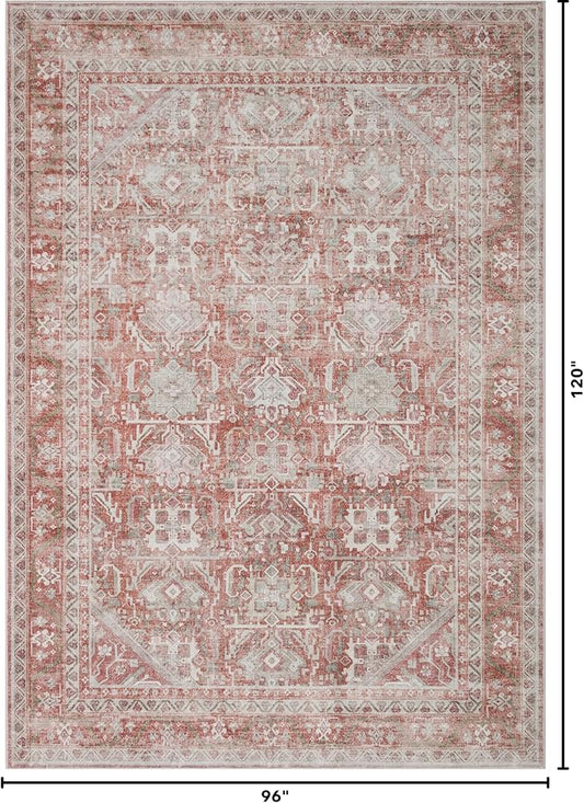 Kuden 8x10 Large Area Rug, Machine Washable Area Rug with Non-Slip Backing, Vintage Style, Soft, Easy Clean, Low Pile Rug for Living Room, Bedroom, Dining Room
