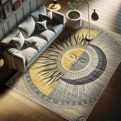 Ambesonne Sun and Moon Decorative Rug, Celestial Esotery Lunar and Solar Characters with Leafy Details Modern, Quality Carpet for Bedroom Dorm and Living Room, 4' X 5' 5", Mustard Purpleblue