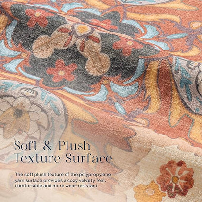 Phantoscope Washable Area Rug 6'x9' Non-Slip, Vintage Boho Rugs for Living Room, Bedroom, Dining Room, Fall Orange Floral Medallion Pattern, Low-Pile Foldable Floor Carpet, Rust/Multi Floral
