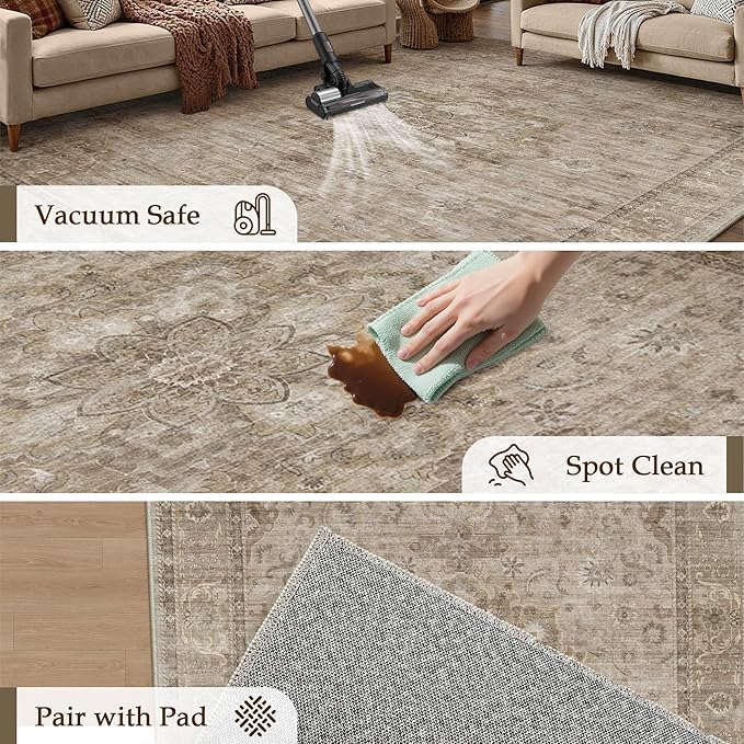 HUGEAR Washable 8x10 Area Rugs Retro Brown Living Room Bedroom Rug Vintage Distressed Non Slip Stain Resistant Low Pile Neutral Throw Carpet for Home Decor