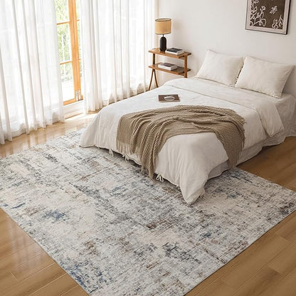 FMFUNCTEX 6x9 Washable Area Rug Brown Blue Neutral Abstract Modern Large Non Slip Carpet for Living Room Bedroom Soft Low Pile Indoor Mat Thin Accent Throw Rug for Dining Room Kitchen Office Nursery