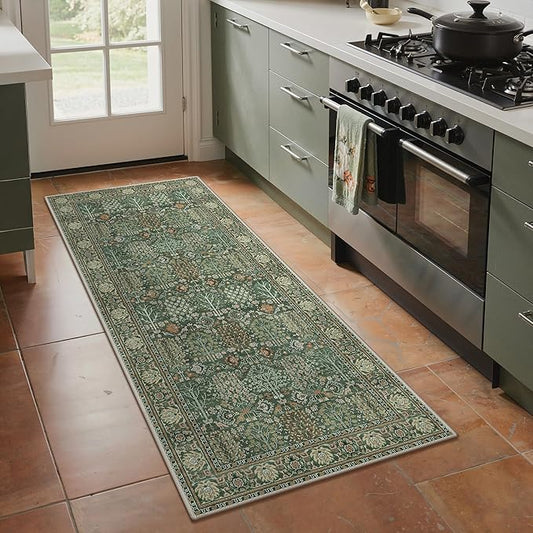Bavni 2'6''x6 Rug Runners for Hallways, Washable Runner Rug Non Slip, Vintage Floral Print Style Rugs for Bedroom-Lightweight Low Pile Carpet for Hallways Bathroom, Forest Green