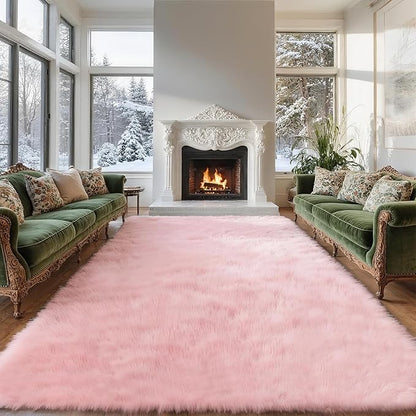 6x9 Solid Fluffy Pink Area Rug – Washable, Durable, Large Bedroom Rug, Non-Slip High Pile Shag Rugs for Living Room, Kids Room, Sofa Coffee Table, Nursery Rooms, Soft Indoor Floor Carpet