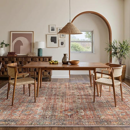 GENIMO 6x9 Area Rugs for Living Room, Machine Washable Non Slip Vintage Rugs, Low Pile Lightweight Chenille Print Rug for Bedroom, Dining Room, Home Office, Terracotta Indigo
