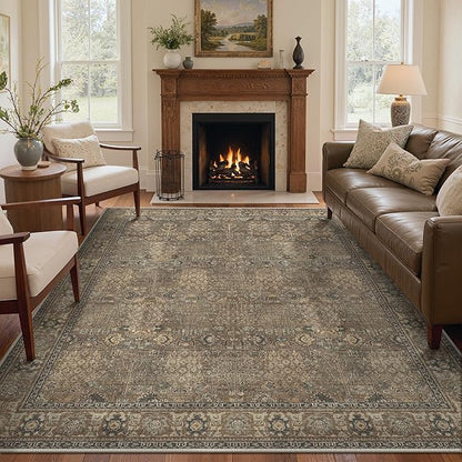 Bavni Washable Rugs 8x10-Machine Washable Rug Lightweight Low Pile, Vintage Floral Rug Non-Shedding Distressed Throw Carpet for Living Room Bedroom Office, Brown