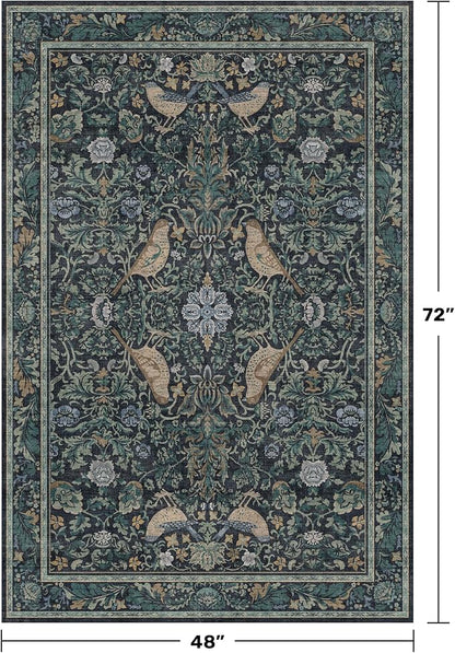 Vintage 4x6 Washable Entryway Rug, Blue & Green Floral Bird Woodland Rug, Non-Slip Low Pile Stain Resistant Carpet for Kitchen, Bedroom, Small Living Room