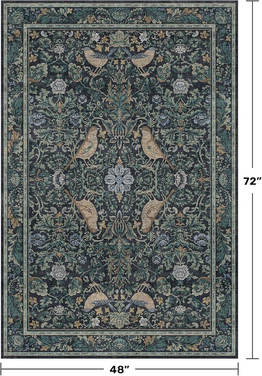 Vintage 4x6 Washable Entryway Rug, Blue & Green Floral Bird Woodland Rug, Non-Slip Low Pile Stain Resistant Carpet for Kitchen, Bedroom, Small Living Room