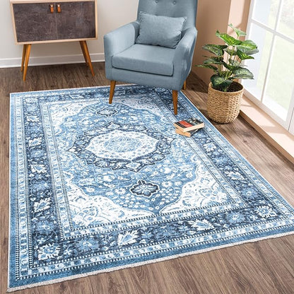 Bloom Rugs Caria Washable Non-Slip 5x7 Rug - Blue Traditional Area Rug for Living Room, Bedroom, Dining Room, and Kitchen - Exact Size: 5' x 7'