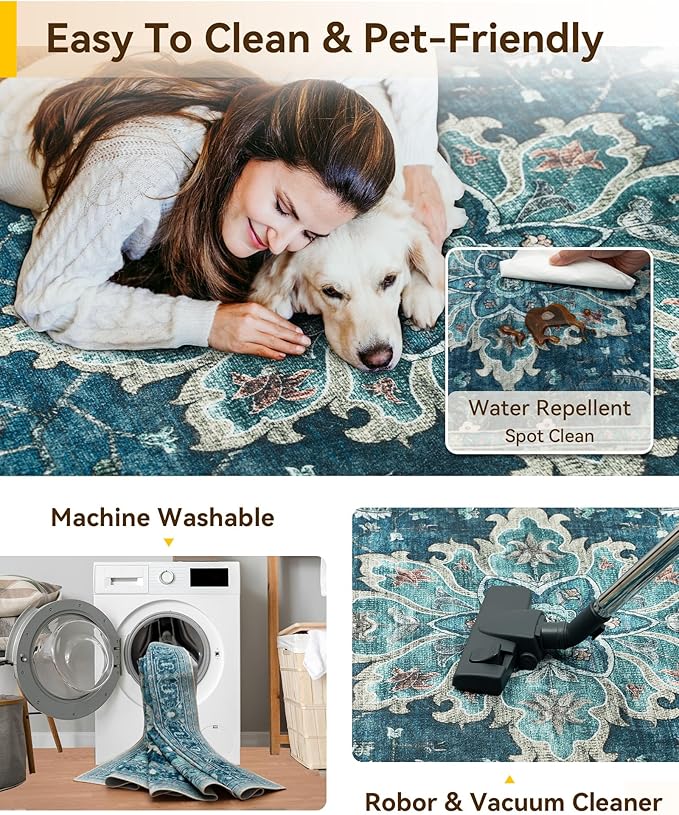 Area Rugs 2'x8' Washable Non-Slip, Floral Vintage Distress Print Pattern Medallion Carpet for Living Room Bedroom Dining Room, Teal Green Lake Blue Turquoise