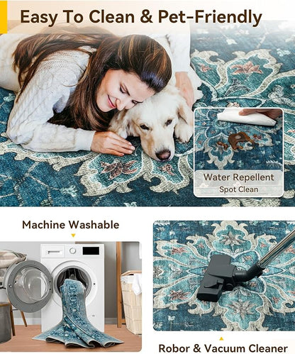 Area Rugs 10'x14' Washable Non-Slip, Floral Vintage Distress Print Pattern Medallion Carpet for Living Room Bedroom Dining Room, Teal Green Lake Blue Turquoise