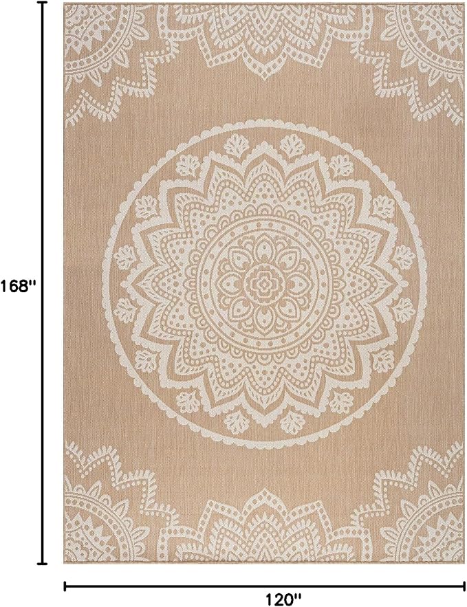 CAMILSON Outdoor Rug 10x14 Modern Area Rugs for Large Indoor and Outdoor Patios and Porches - Washable, Non-Shedding, Easy-to-Clean Outside Carpet (10 x 14, Medallion - Beige/White)