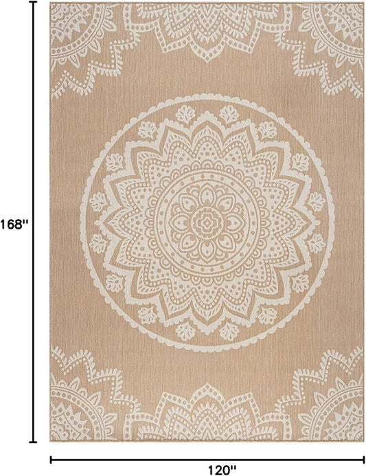CAMILSON Outdoor Rug 10x14 Modern Area Rugs for Large Indoor and Outdoor Patios and Porches - Washable, Non-Shedding, Easy-to-Clean Outside Carpet (10 x 14, Medallion - Beige/White)
