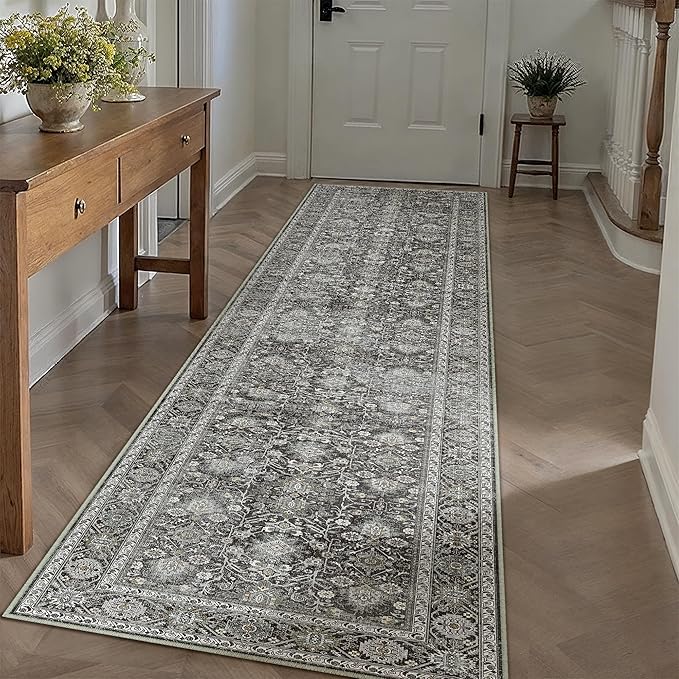 Black Runner Rug 3x10 Vintage Area Carpet Hallway Long Indoor Kitchen Washable Living Room Low Pile Traditional Distressed Retro Accent Throw Rug Non Slip Laundry Bathroom Office Dining Room