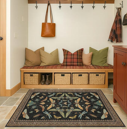 Black Front Door Mat Indoor Entrance Non Slip Washable - 3x4 Throw Rug for Kitchen, Mudroom, Bedroom Bedside, Insect Boho Vintage Aesthetic Décor