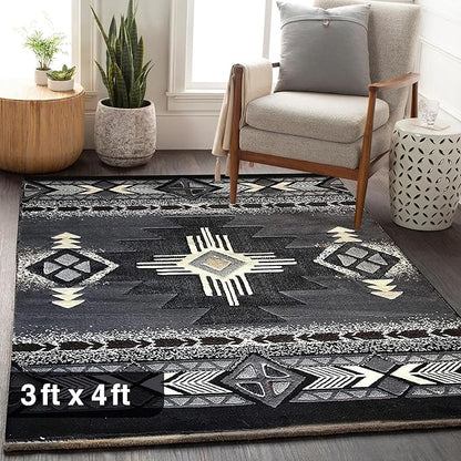YHSF South West Native American Area Rug C318 - Easy Clean, Thick, Soft, Durable Native Tribal American Indian Inspired Rug for Bedroom/Living Room and More - Grey, 3 Feet x 4 Feet 7 Inches