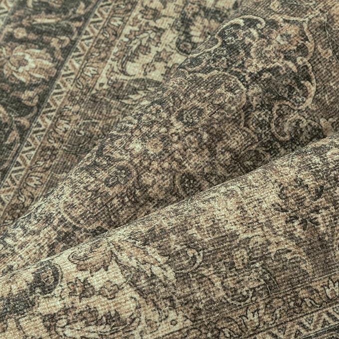 2x7 Washable Brown Runner Rug Vintage Hallway Kitchen Carpet Non-Slip Soft Low Pile Distressed Throw Rug for Bedroom Bathroom Laundry Living Room