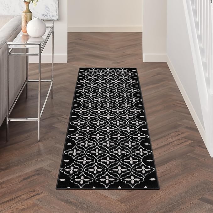 Nourison Home Nourison Essentials Black Ivory 2'2" x 7'6" Area Rug - Easy Clean, Non Shedding, Bed Room, Living Room, Dining Room, Kitchen (8' Runner)