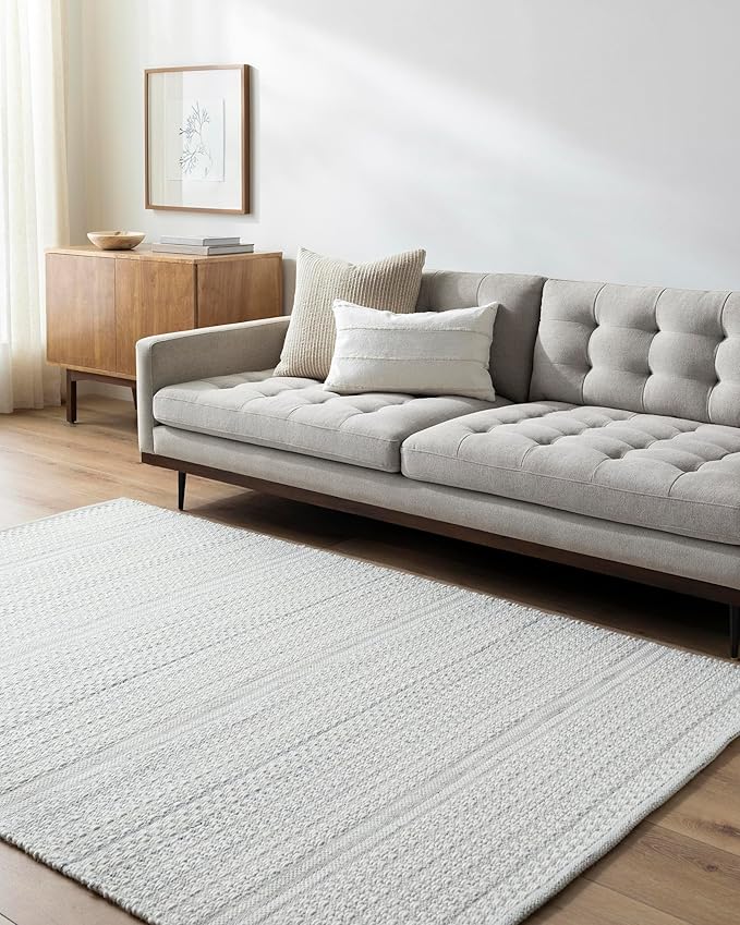 Mark&Day Wool Rugs, 4x6 Precious Solid and Border Cream/Charcoal Area Rug, Cream Grey Carpet for Living Room, Bedroom or Kitchen (3'6" x 5'6")