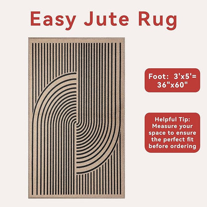 Tangsoo Easy Jute 3x5 Outdoor Rug for Living Room,Non-Slip Thin Black Rainbow Indoor Area Rug,Washable Boho Farmhouse Carpet for Front Porch Bedroom Patio Entryway Balcony
