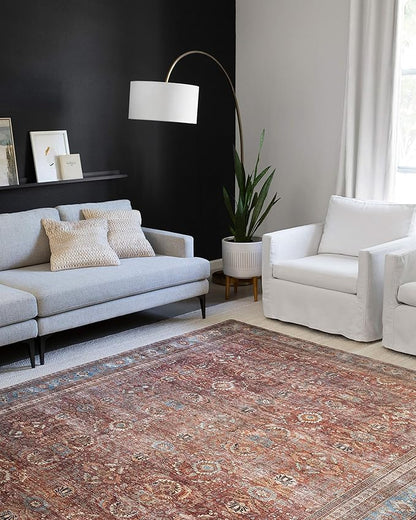 Loloi Layla Collection LAY-01 Brick/Blue 5'-0" x 7'-6" .13" Thick Area Rug, Soft, Durable, Vintage Inspired, Distressed, Low Pile, Non-Shedding, Easy Clean, Printed, Living Room Rug