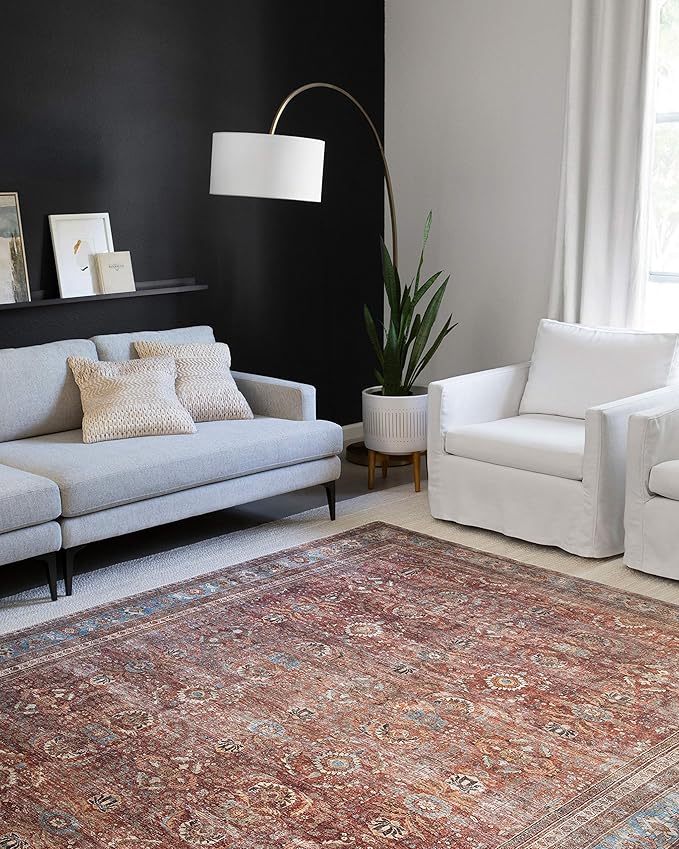 Loloi Layla Collection LAY-01 Brick/Blue 2'-0" x 5'-0" .13" Thick Accent Rug, Soft, Durable, Vintage Inspired, Distressed, Low Pile, Non-Shedding, Easy Clean, Printed, Living Room Rug
