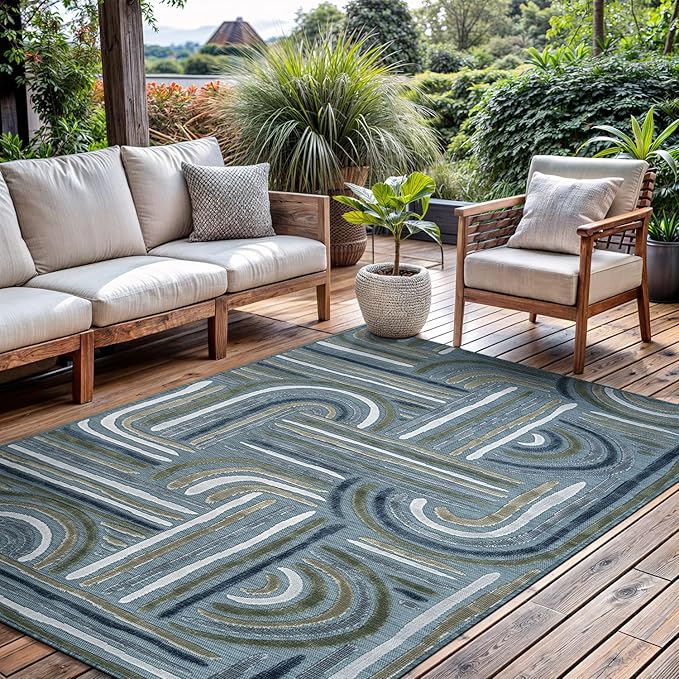 CAMILSON Indoor Outdoor Rug, Aqua 5x7 Geometric Arch Striped Area Rugs for Patio and Home Areas, Easy-Cleaning Non-Shedding Living Room, Garden and Deck Washable Outside Carpet (5 x 7)