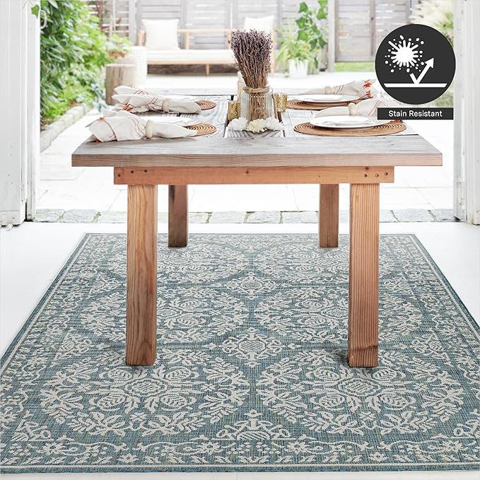 FH Home Flat Woven Outdoor Rug - Waterproof, Easy to Clean, Stain Resistant - Premium Polypropylene Yarn Farmhouse - Patio,Deck,Porch,Balcony,Laundry - Marbella - Ocean - 3ft 11 in x 5ft 6in