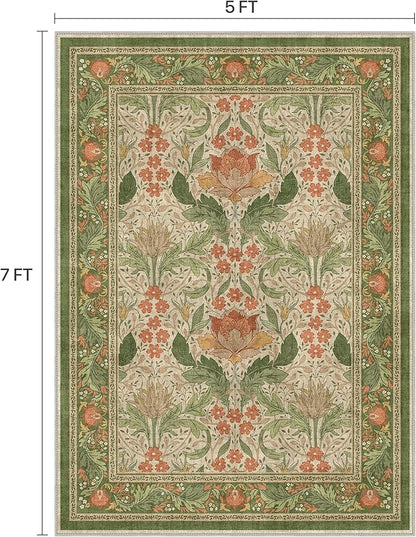 Bavni 5x7 Area Rugs for Living Room, Microfiber Machine Washable Non-Slip Vintage Floral Rug, Low Pile Lightweight Carpet for Bedroom, Dining Room, Home Office, Sage Green & Burnt Orange