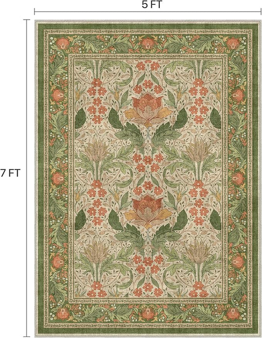 Bavni 5x7 Area Rugs for Living Room, Microfiber Machine Washable Non-Slip Vintage Floral Rug, Low Pile Lightweight Carpet for Bedroom, Dining Room, Home Office, Sage Green & Burnt Orange
