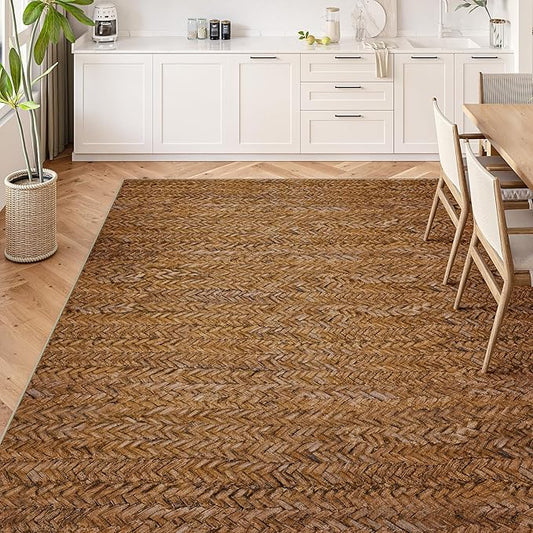 Eleisa Modern Vintage 8x10 Herringbone Chevron Area Rug for Living Room, Brown, Non-Slip Stain Resistant Washable Rug, Farmhouse Home Decor Carpet for Bedroom, Kitchen, Dining Room