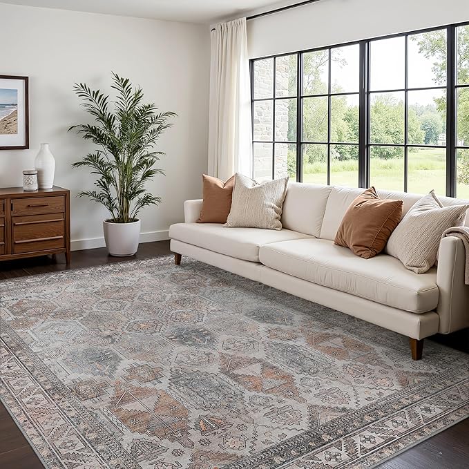 Bavni Washable Rug 6x9 Area Rug for Living Room Bedroom Dining, Washable Vintage Print Carpet, Ultra-Thin Chenille Low Pile Lightweight Rug with Non Slip Backing, Retro Grey