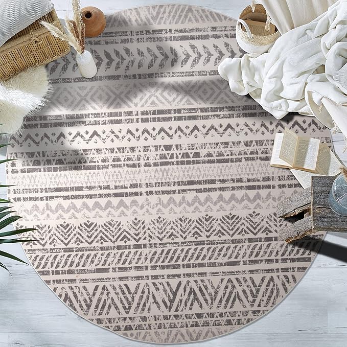 Rugshop Geometric Boho Round Rug – Gray Tribal Pattern, Perfect for Dining Room, Bedroom, Living Room, 8' Round